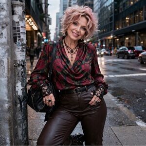 Vintage 70s 80s Rose Print Blouse Draped Neckline Romantic Goth Floral XL